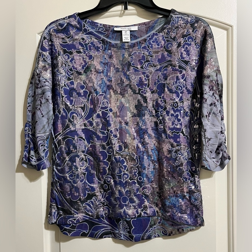 Style & Co. Purple Multicolored Sequin Front Blouse Top Ruched 3/4 Sleeves PP